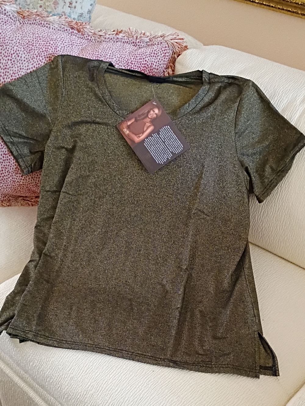 IMAN Black And Gold Shimmery Short Sleeve Tee